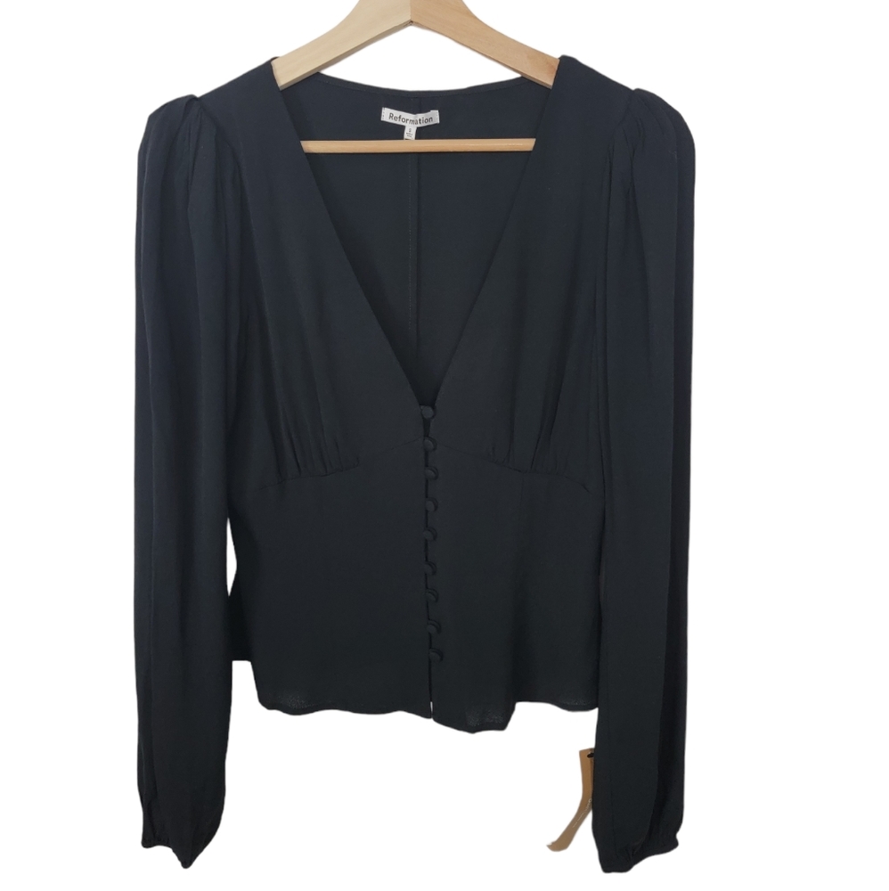 Reformation Nell Top Blouse Black Puff Sleeve Button New With Tags Size Small